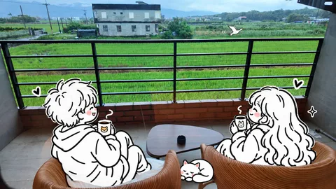 兩個插畫人物坐在 D+Villa 二樓露臺的藤椅上喝熱飲、看稻田