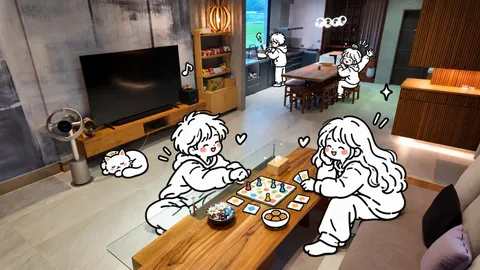 插畫人物在 D+Villa 一樓客廳玩桌遊，後方有人在廚房煮飯、在餐桌旁揮手